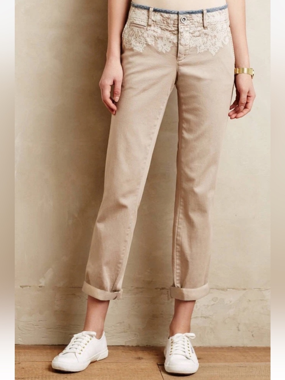 Anthropologie Pilcro Hyphen Fit Embroidered Khaki Chino Skinny Ankle Pants Sz 28